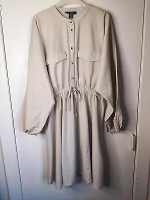 BNWT Safari Style Beige Knee Length Dress Cotton Linen Mix Sz 18 • £11