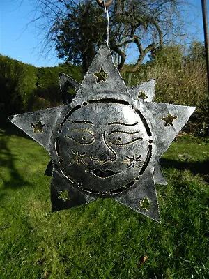 Star Sun Metal Tea Light Candle Holder Garden Lantern -  Silver Star Sun Face • £14.99