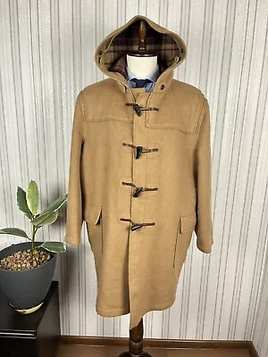 BIG GUYS Gloverall Beige Wool Mix Flannel Tartan Lined Duffle Coat 50 EU 60 • $189