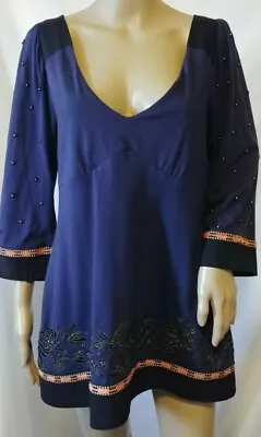 Anthropologie C Keer Knit Embroidered Top Medium Navy Blue Beaded 3/4 Sleeve • $16.95