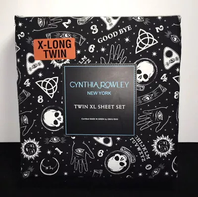 CYNTHIA ROWLEY SKULLS TWIN X-LONG SHEET SET Black & White Sun Stars Moon Ouija • $37.96