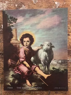 Vintage CALENDAR ART RELIGIOUS Litho Print DIVINE SHEPHERD Jesus Sheep #204 • $17.99