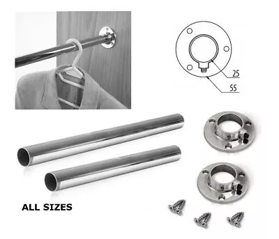 £1.88 • Buy Wardrobe Round Rail Chrome Hanging Rail All Sizes Free End Supports & Screws