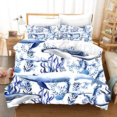 3D Fish Coral Leaf Sea Whale Quilt Cover Set Duvet Cover Bedding Pillowcases • $85.49