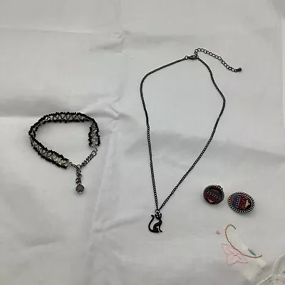 Cute Black Cat Necklace/ Vintage Earrings/ Beaded Bracelet / Punk Lot • £19.30