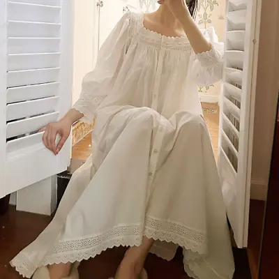 Victorian Nightdress Women Spring White Pure Cotton Long Sleeve Peignoir Vintage • $55.78