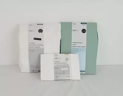 M&S 3pcs Bundle King Size Duvet Cover Sheet Pillow Cases White Green NWOT F2 • £47