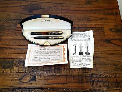 VINTAGE 1930s PARKER VACUMATIC FOUNTAIN PEN AND PENCIL SET W/ BOX AND PAPER WORK • $1495