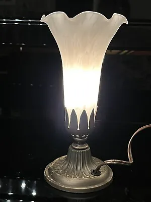 Vintage Nightstand Lamp W/Wrought Iron Base And White Fluted Tulip Glass • $23
