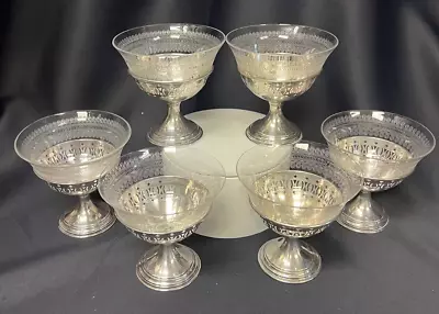 Vintage Set Of 6 Sterling Silver & Etched Glass Liners Sherbet Dessert Cups • $235