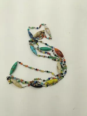 Antique Colorful Flapper Glass End Of Day Beaded Art Deco Wire Link Necklace 46  • $49.99