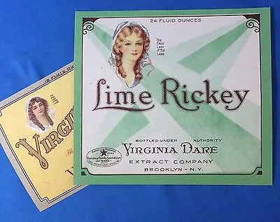 VIRGINIA DARE Extract Co LIME RICKEY & GINGER ALE Soda Bottle LABEL Vintage • $12