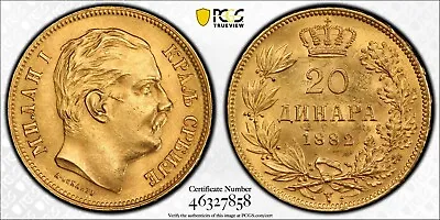 Yugoslavia - Serbia  Gold 20 Dinara 1882v - Pcgs Ms 62 - Type I  Rare11 • $999.99