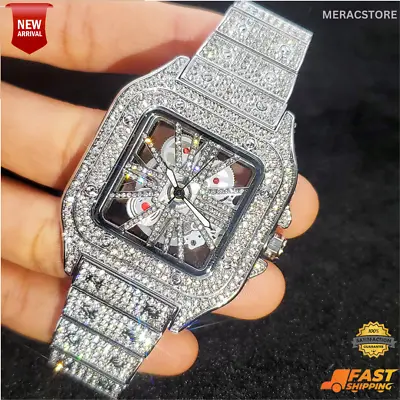 Luxury Hip Hop Custom Bling Ice Out Mens Watch Iced VVS Cz Silver Square Diamond • $59.99