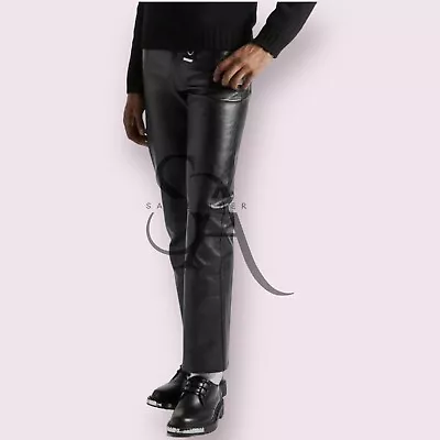 Men Genuine Lambskin Leather Skinny Biker Pants Black Leather Pant Men's LGBT • $100