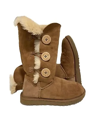 UGG Bailey Triplet Womens 5 Boot Chestnut Brown Suede Tall Winter Button Pull On • $26
