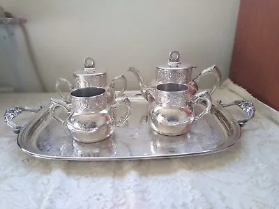 Antique BENEDICT MFG. CO. Repose & Etched Quadruple Silver Plated 5 Pc. Tea Set • $210