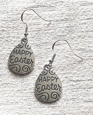 Tibetan Silver Easter Egg Charm Drop Earrings On Stamped 925 Silver Fish Hooks • £2.75