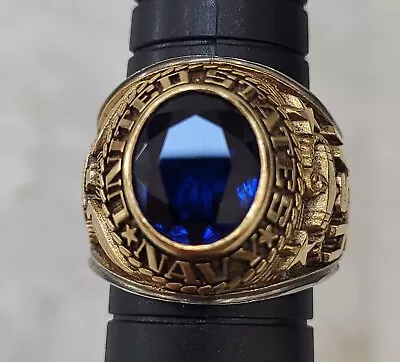 United States Navy Stainless Steel Gold Plate Military Ring Size 8 Blue Stone • $24.99