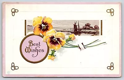 Best Wishes~Yellow Pansies~Sailing Boat~Gold~Embossed~Stecher 51F~1914 Postcard • $3.40