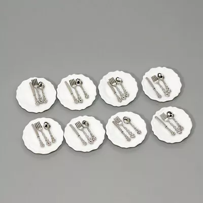 16PC Silverware 1/12 Scale Dollhouse Miniatures Dish Set Plates Porcelain Metal • $7.49