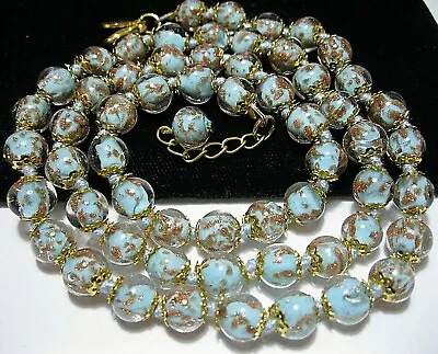 Pale Blue Pastel Venetian Murano Glass Gold Foil Bead Vintage Style 24  NECKLACE • £30