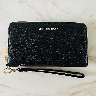 MICHAEL KORS Black Leather Flat Multi Function Phone Case Zip Wallet Wristlet • $99