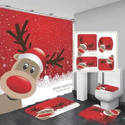 4pcs Merry Christmas Shower Curtain Bathroom Rug Set Santa Elk Snowman Decors US • $28.28