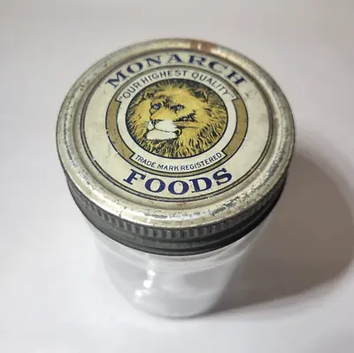 Rare Vintage C1920s Monarch Foods LION Tin Lid & Hazel Atlas Glass Food Jar • $49