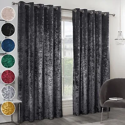 Crushed Velvet Curtains Pair Eyelet Ring Top Fully Lined Blackout Window Curtain • £34.19
