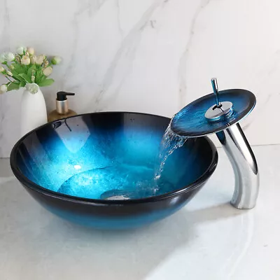 £144 • Buy Blue Round Temperd Glass Bathroom Basin Bowl Vessel Sink Waterfall Mixer Taps