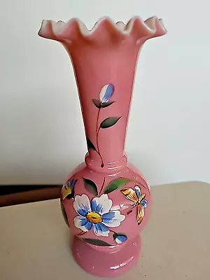 BRISTOL Glass Vase Ruffled Edge Pink Handpainted Raised Flowers 7  • $19.50