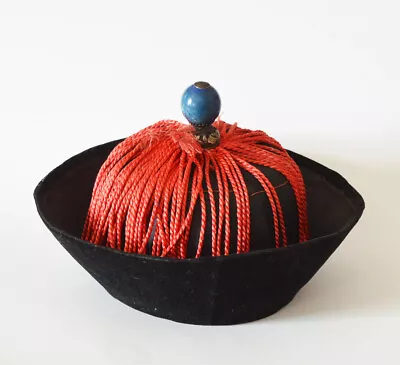 ANTIQUE MANDARIN VELVET-BRIMMED WINTER HAT JIGUAN HAT  19th CHINESE QING DYNASTY • $4450