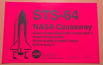 Sts-64 Nasa Causeway Ksc/nasa Neon Pink Vehicle Permit Pass • $15.99