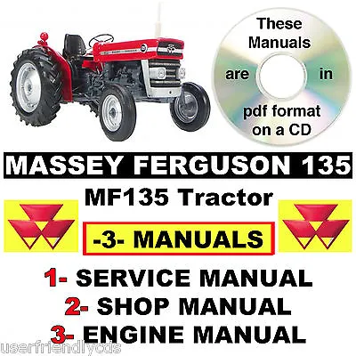 Massey Ferguson MF 135 Tractor Service Shop Engine Manual MF135 -3- Manuals CD • $12.99