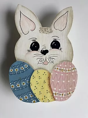 Vintage Cookie Candy Jar Wooden Lid Hand Painted Easter Bunny Eggs Holiday • $13