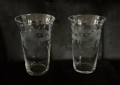 Vintage Clear Glass Tumblers Etched Flowers - Set Of 2 Glasses • $8