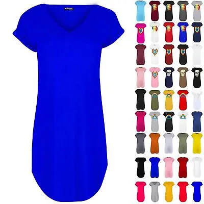£5.49 • Buy Womens Ladies Plain TurnUp Sleeve Oversize Curved Hem V Neck Baggy T-Shirt Dress