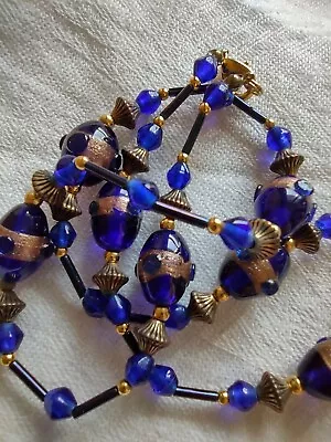 VINTAGE BLUE GOLD MURANO GLASS NECKLACE  And EARRINGS SET • £27.50