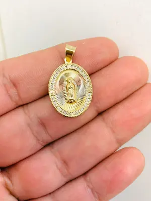 CZ Virgen De Guadalupe Pendant Charm  Tri-Color Medal In GF Dije De Guadalupe • $22.49