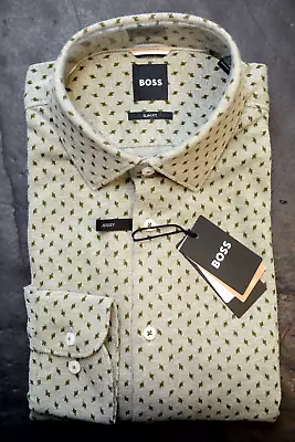 Hugo Boss Men's Hank Soft Slim Fit Open Green Jersey Cotton Dress Shirt 42 16.5 • $64.79