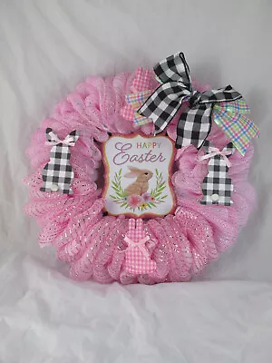 Pink And Black Bubble Deco Mesh Bunny Wreath • $19.99