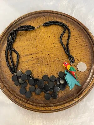 Vintage Black Wood Necklace Colorful Parrot & Leaf Tropical  Macaw Cruise Party • $18.99