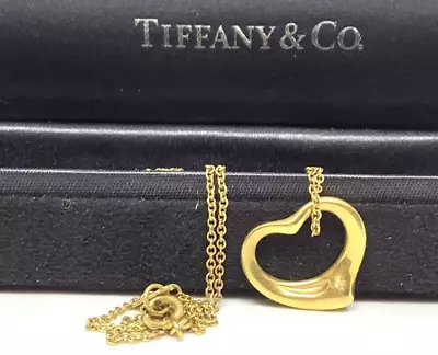 Tiffany & Co. Open Heart Pendant Necklace 16  Elsa Peretti Gold • $499.99