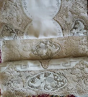 68 X96  Antique Handmade Point De Venise Needle Lace Koi Fish Banquet Tablecloth • $590