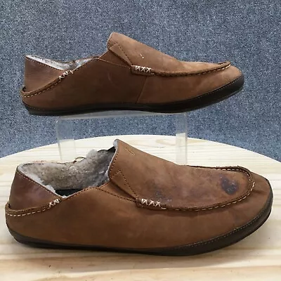 Olukai Slippers Mens 12 Moloa Moccasin Brown Leather Sheepskin Comfort Round Toe • $42.99