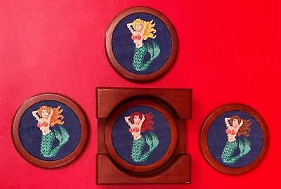 Smathers & Branson Wood Needlepoint Mermaids Coasters Classic Navy Coasters Set • $110