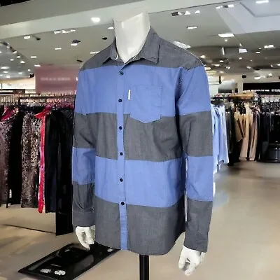Marc Ecko Cut & Sew Well Hung Color Block Blue Gray Casual Dress Shirt Mens L • $16.95