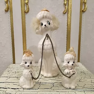 Vintage Ceramic Poodle Family Figurine With Fur Japan • $34.99