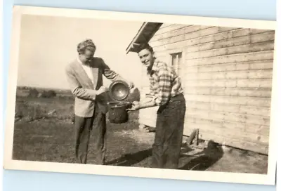 Vintage Photo 1940s 2 Young Men W/ Kitchen Pots In Yard Candid 4x2.5 B&W • $5.10